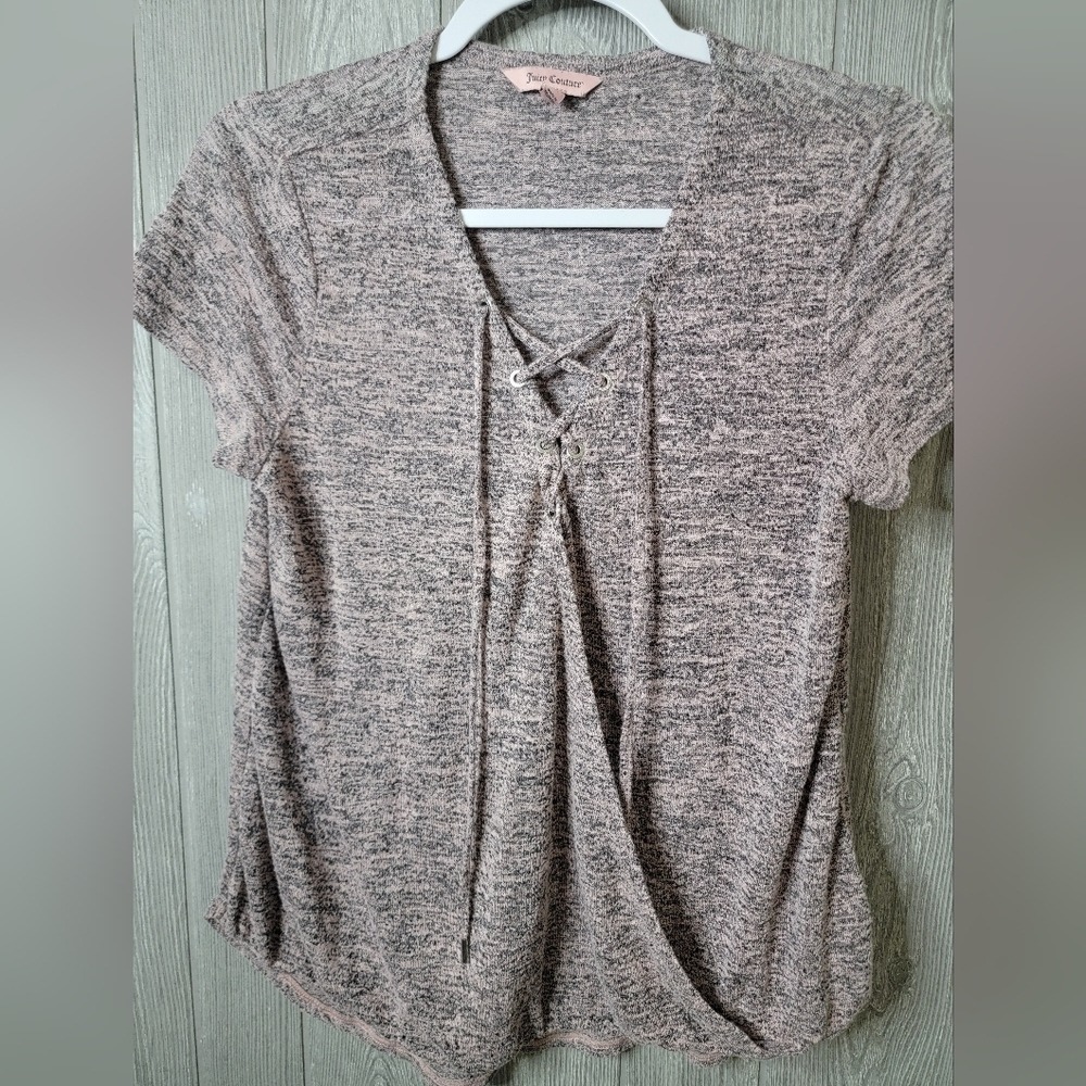 โกJuicy Couture Pink Grey Marl Lace Up Surplice Wrapโ Front Knit Top Medium